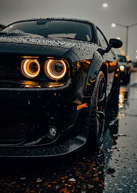 Black Dodge Challenger on a Rainy Day