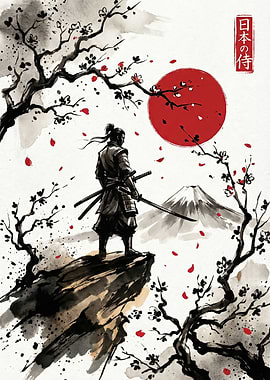 Samurai on Cliff with Rising Sun
