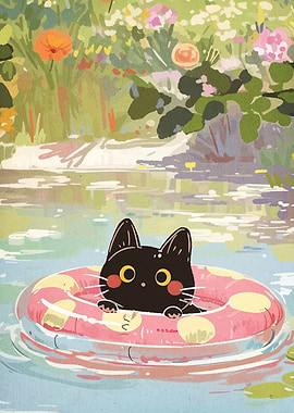 Black Cat in Pool Float