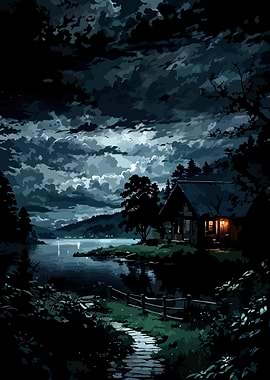 Night Lake Cabin Landscape