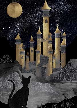 Cat, Castle, and Moonlit Night