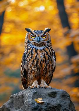 Owl Perched on Rock in Autumn