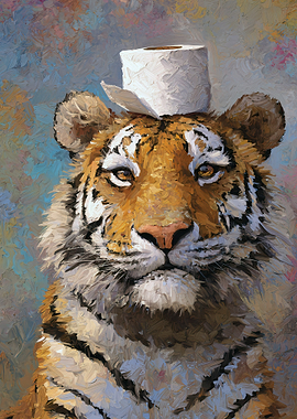 Tiger with Toilet Paper Hat Painting