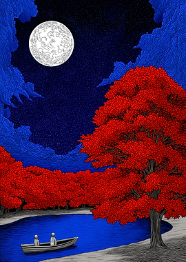 Red Trees, Moonlit Night, Boat Ride