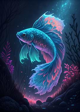 Neon Betta Fish in Dark Water