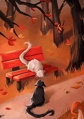 Cats on a bench in autumn