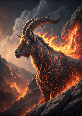 Fiery Goat in Volcanic Landscape