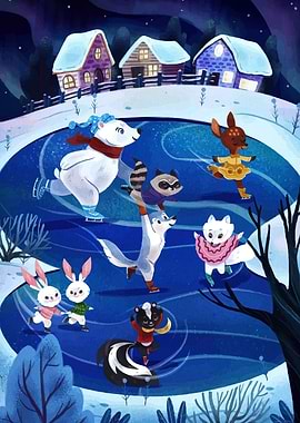 Animals Ice Skating in Winter Scene