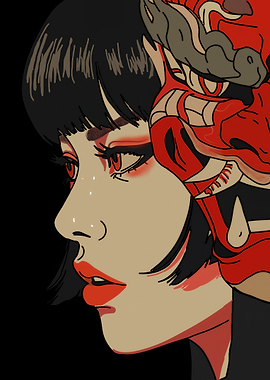 Woman with Oni Mask Digital Art
