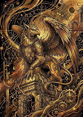 Golden Armored Griffin on Stone Pedestal
