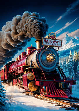 Railway Express Train in Winter Landscape