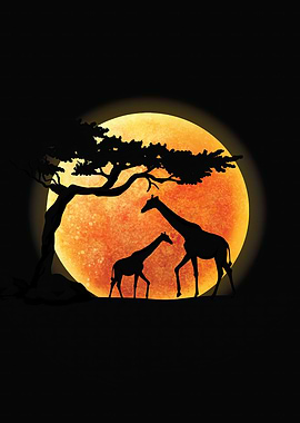 Giraffes Silhouette Under a Full Moon