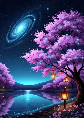 Cherry Blossoms, Galaxy, and Lanterns