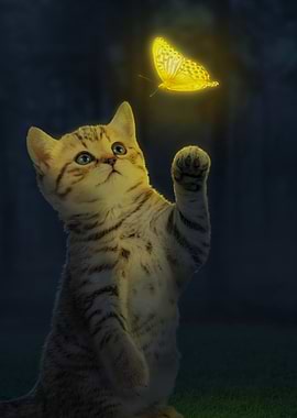 Kitten Reaching for Glowing Butterfly