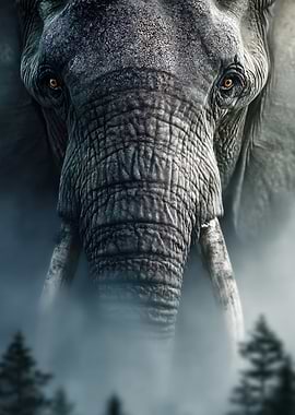 Elephant portrait in misty forest