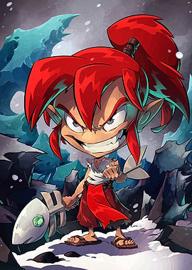 Cartoon Character with Spear in Snowy Landscape