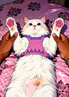 Cat in Harness on Pink Bed