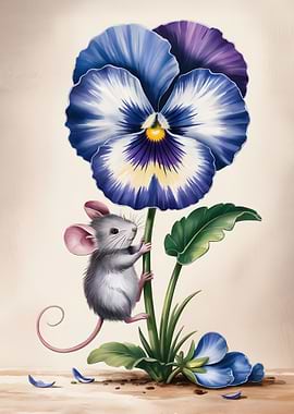 Mouse Climbing a Pansy Flower