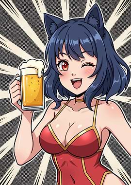 Cheers & Whiskers Anime Girl with Beer