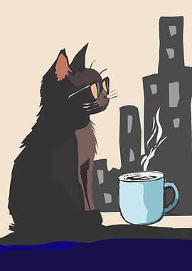 Cool Cat with Coffee in City