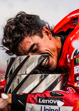 Victorious Racer Embracing Trophy