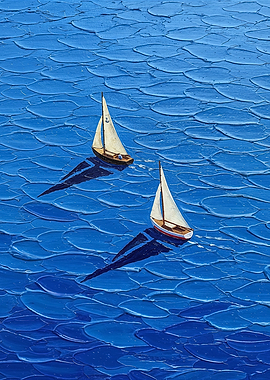 Two Sailboats on Blue Textured Sea