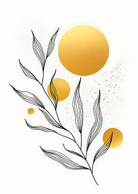Minimalist Botanical Art with Golden Circles