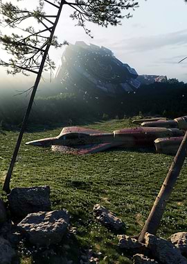 Crashed Spaceship in Grassy Field