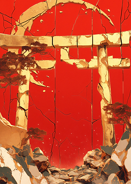 Cracked Torii Gate with Red Sky