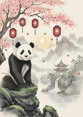 Panda in Asian Landscape with Lanterns