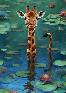 Giraffe in Water Lily Pond Painting