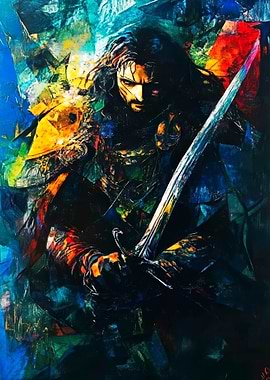 Warrior with Sword Abstract Painting