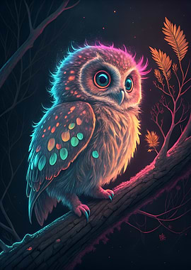 Colorful Baby Owl on Branch