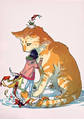 Girl Hugging Giant Cat with Koi
