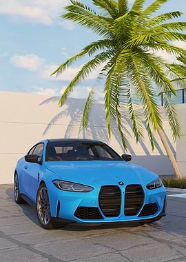 Blue BMW M4 with Palm Tree