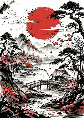 Japanese Landscape with Red Sun