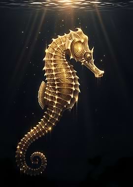 Golden Seahorse in Dark Water