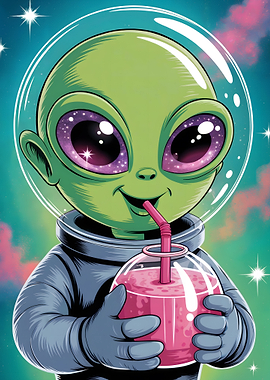 Cute Alien Sipping Drink Illustration