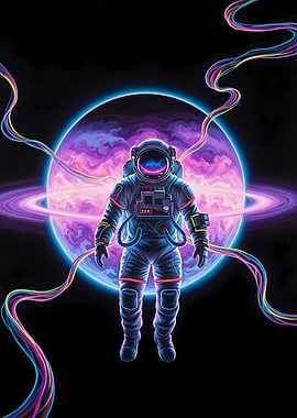 Astronaut in Space with Colorful Cables