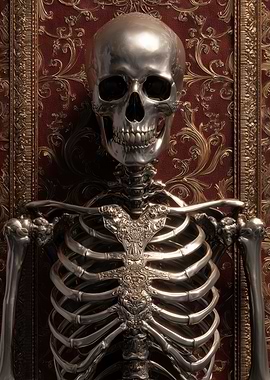 Ornate Silver Skeleton on Red Backdrop
