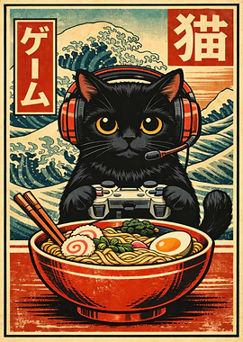 Gamer Cat with Ramen and Waves