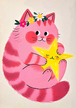 Pink Cat Hugging a Star
