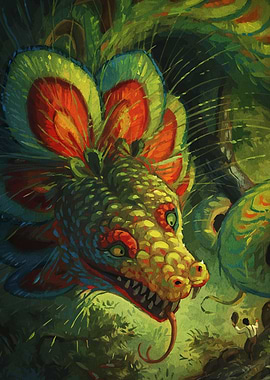 Colorful Feathered Serpent in Jungle Painting