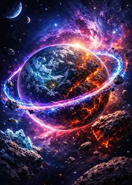 Cosmic Planet with Ring and Asteroids