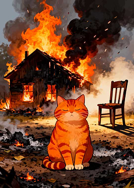 Cat sitting calmly near burning house