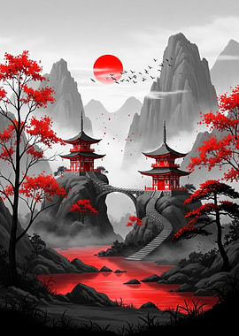 Serene Asian landscape with pagodas and red trees by mountain lake
