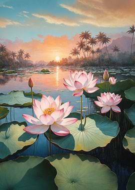Lotus Flowers at Sunset
