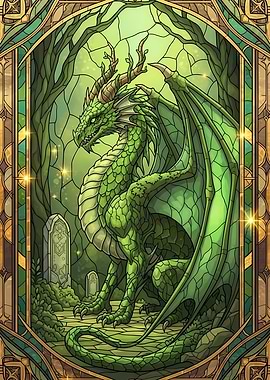 Green Dragon Stained Glass Illustration