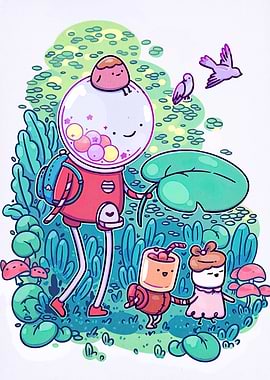 Cartoon characters in a whimsical landscape