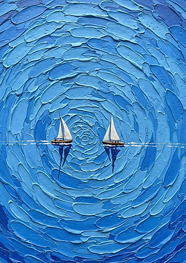 Two Sailboats in Blue Textured Sea